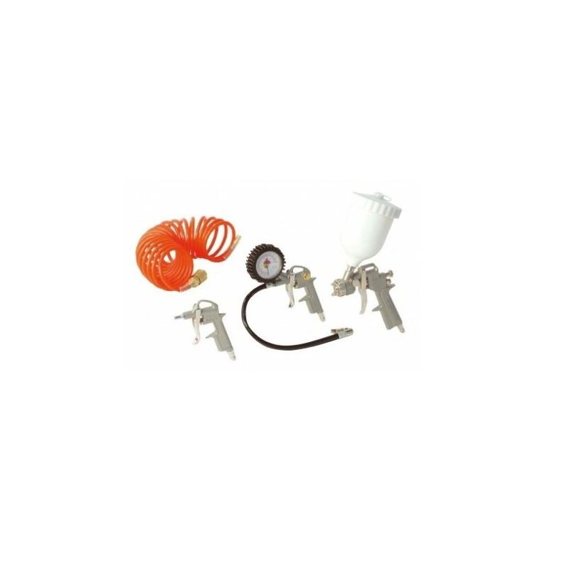 KIT PISTOLAS:DE SOPLAR, PINTAR, INFLAR NEUMÁTICOS Y MANGUERA ESPIRAL DE 5 MTS.