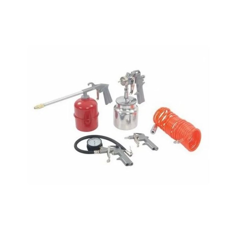 KIT PISTOLAS:DE SOPLAR, PINTAR, INFLAR NEUMÁTICOS Y MANGUERA ESPIRAL DE 5 MTS.